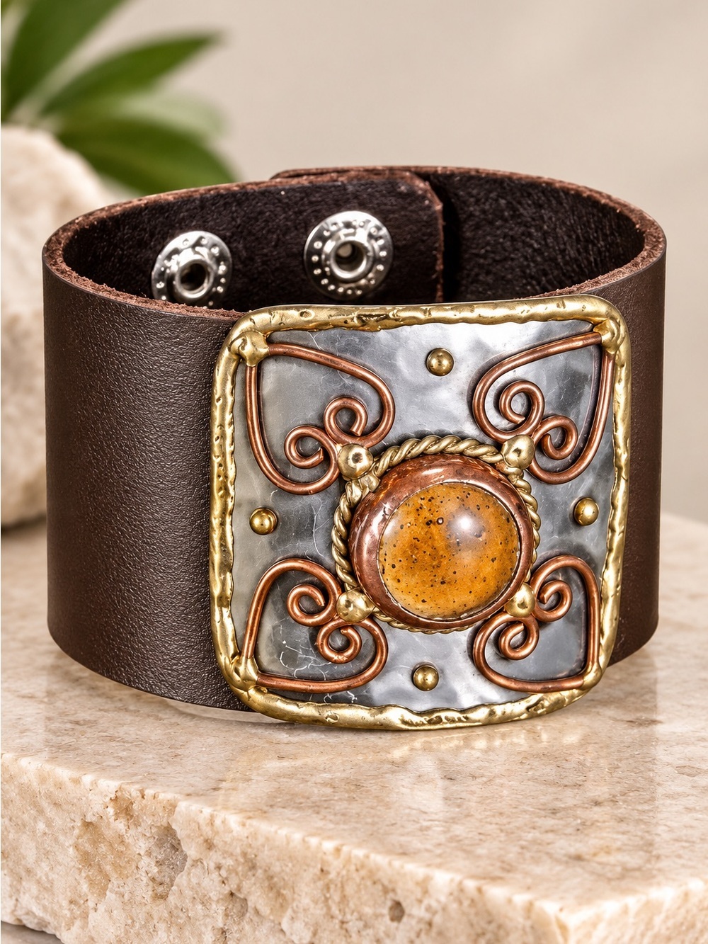Handmade Genuine leather bracelet with Heart Shape mixed metals and Gemstone